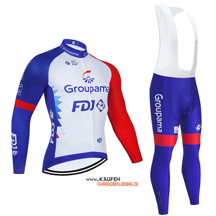 Groupama-FDJ Langarmtrikot 2021 und Lange Tragerhose Blau Wei Rot